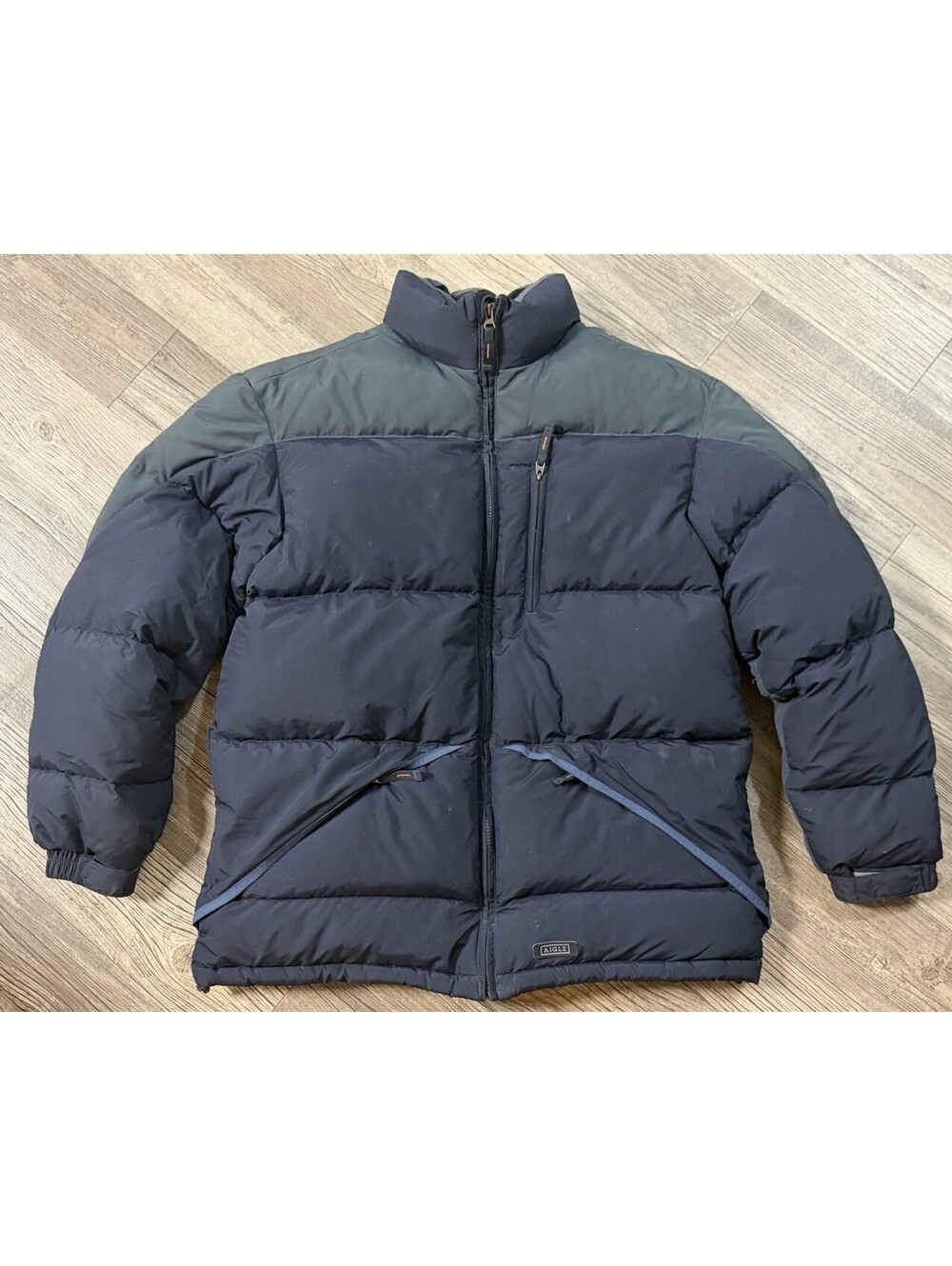 Aigle puffer jacket dark navy blue Two Tone Gray body Goose Down Feathers Sz L